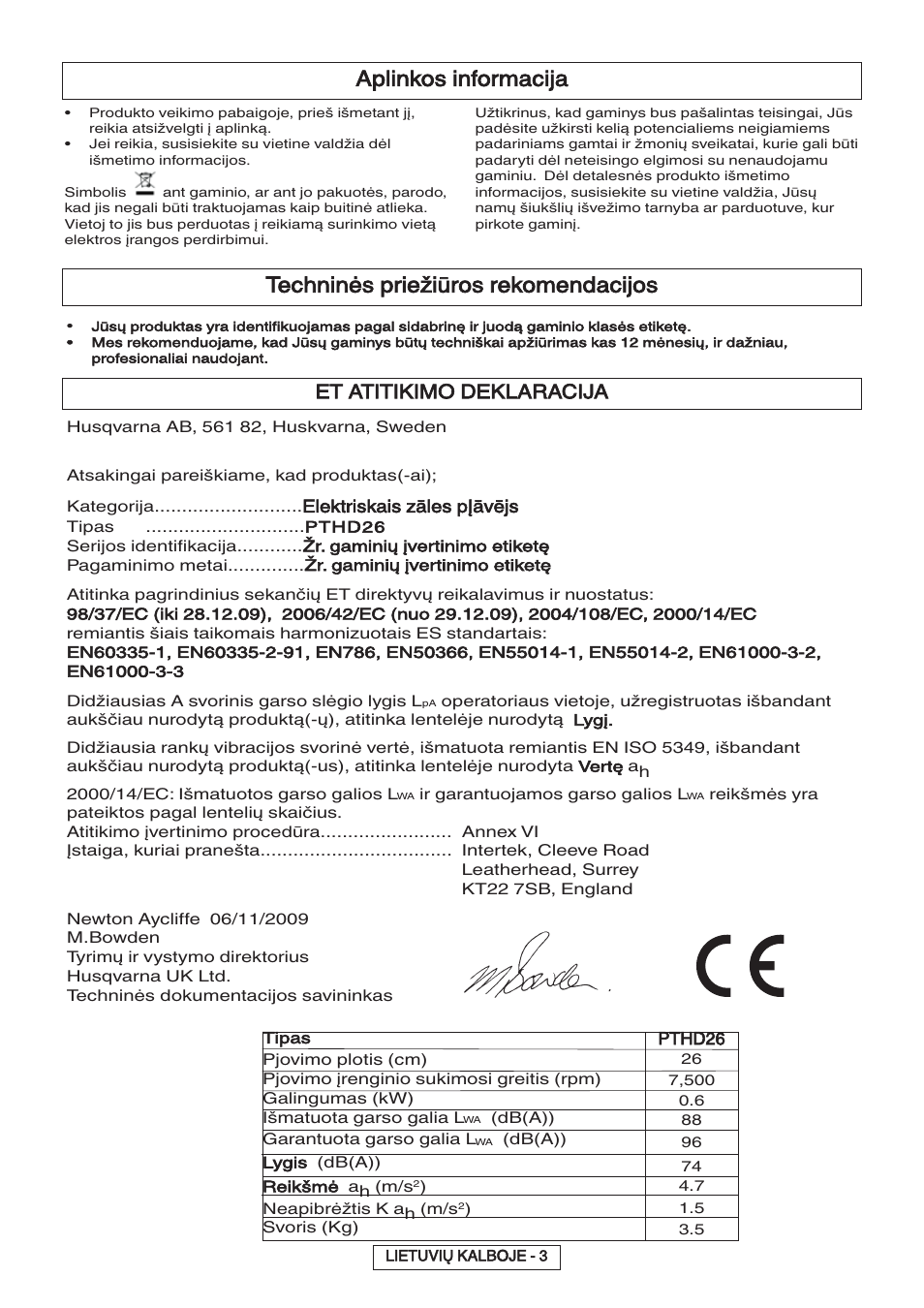 Aplinkos informacija, Techninės priežiūros rekomendacijos, Et atitikimo deklaracija | Flymo 600 HD User Manual | Page 61 / 80