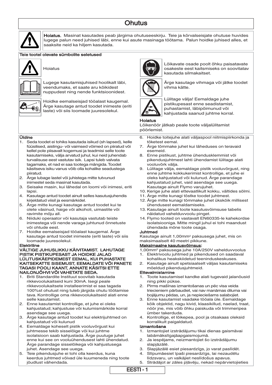 Ohutus, Eesti - 1 | Flymo 600 HD User Manual | Page 65 / 80