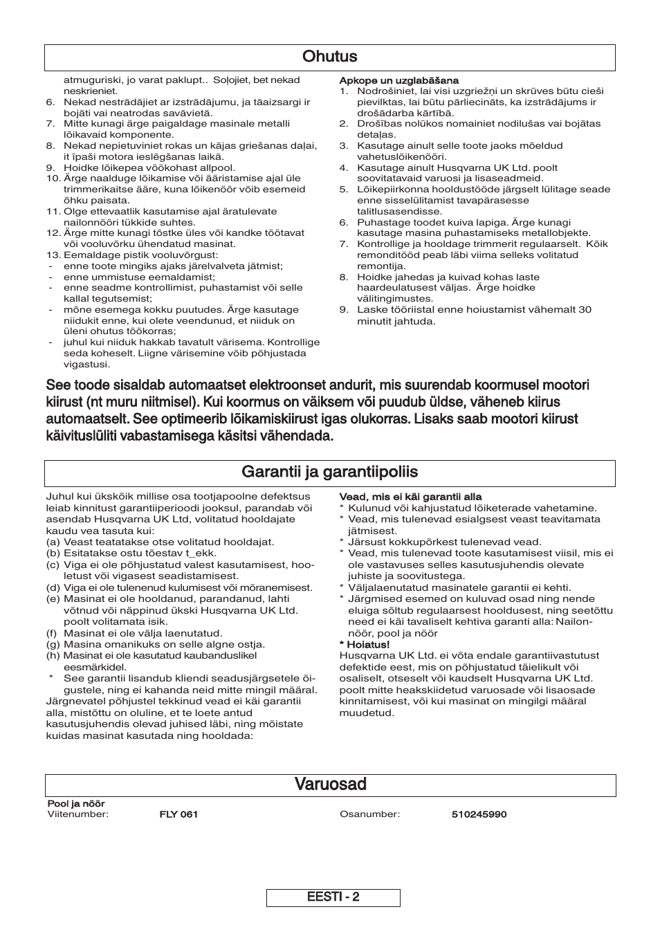Varuosad, Garantii ja garantiipoliis, Ohutus | Eesti - 2 | Flymo 600 HD User Manual | Page 66 / 80