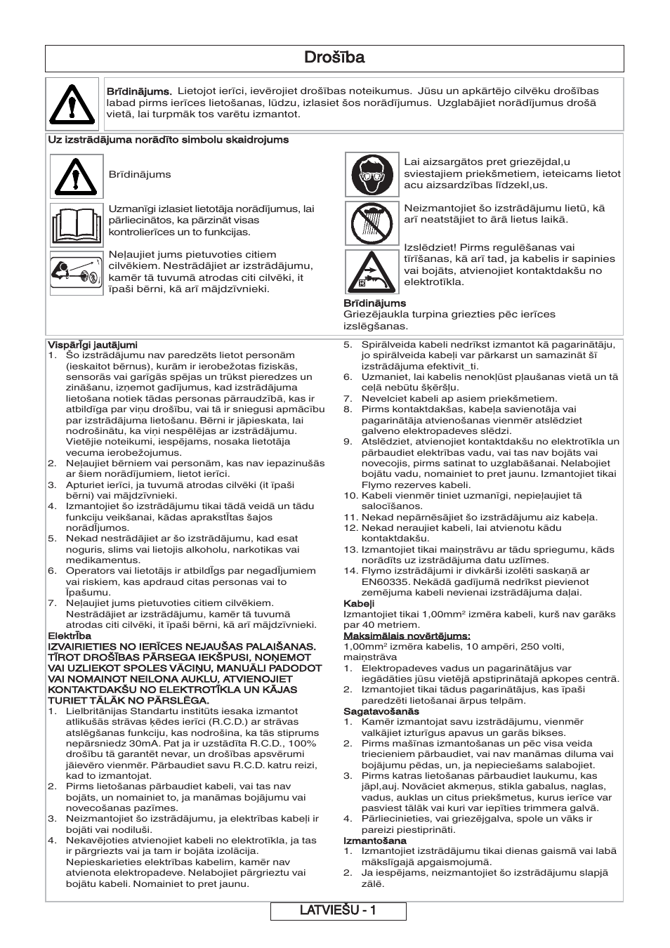 Drošība, Latviešu - 1 | Flymo 600 HD User Manual | Page 68 / 80