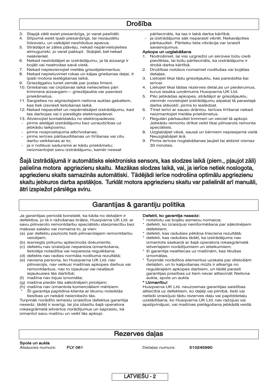 Garantijas & garantiju politika, Drošība, Rezerves daļas | Latviešu - 2 | Flymo 600 HD User Manual | Page 69 / 80