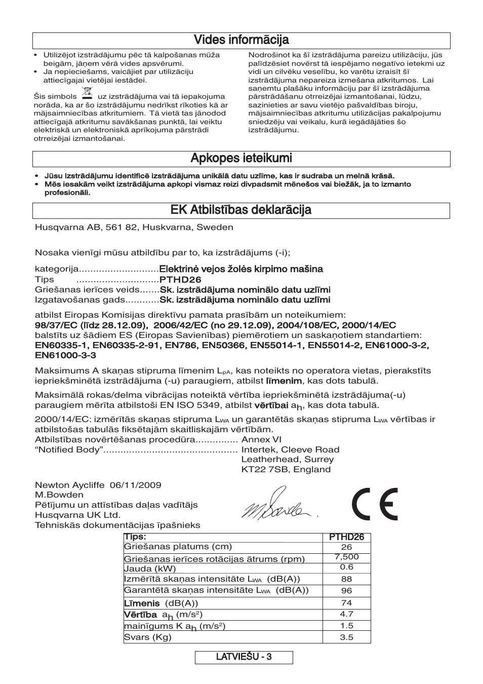 Ek atbilstības deklarācija, Vides informācija, Apkopes ieteikumi | Flymo 600 HD User Manual | Page 70 / 80