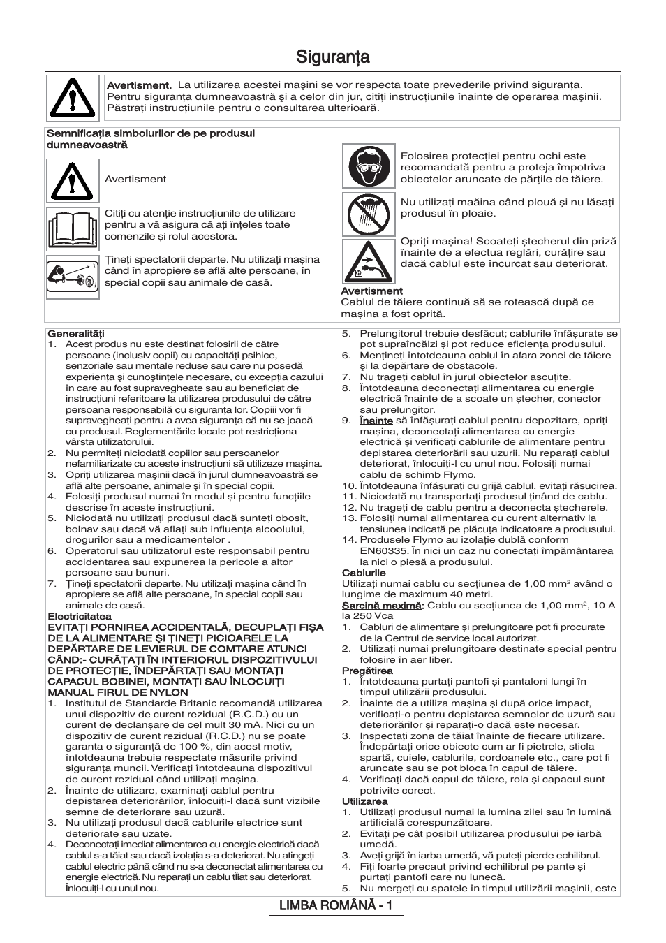 Siguranţa, Limba română - 1 | Flymo 600 HD User Manual | Page 71 / 80