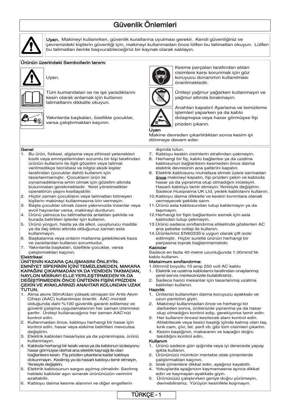 Güvenlik önlemleri, Türkçe - 1 | Flymo 600 HD User Manual | Page 77 / 80