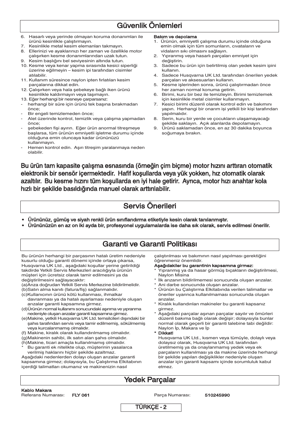 Garanti ve garanti politikası, Servis önerileri, Güvenlik önlemleri | Yedek parçalar, Türkçe - 2 | Flymo 600 HD User Manual | Page 78 / 80