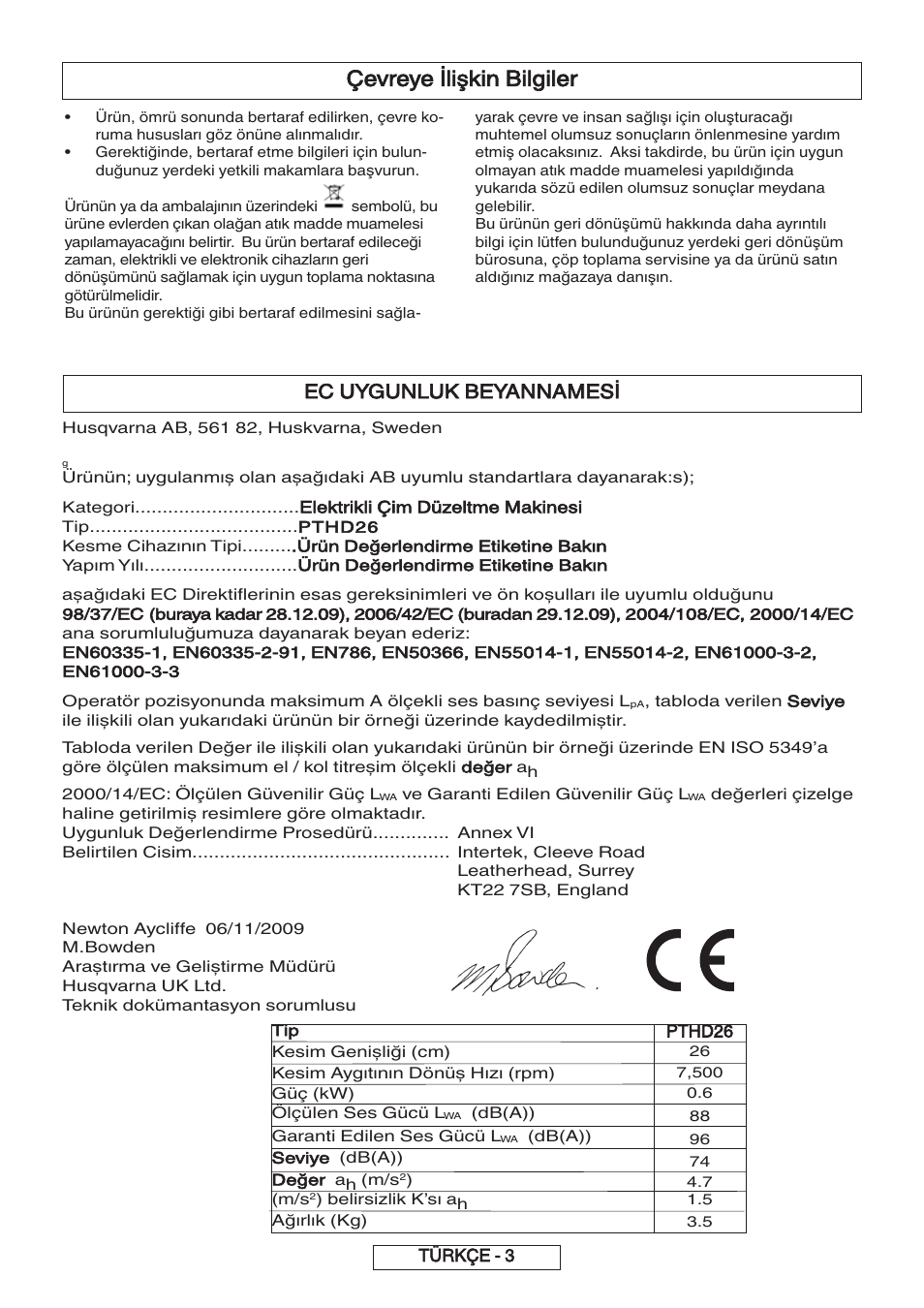 Çevreye ilişkin bilgiler, Ec uygunluk beyannamesi | Flymo 600 HD User Manual | Page 79 / 80