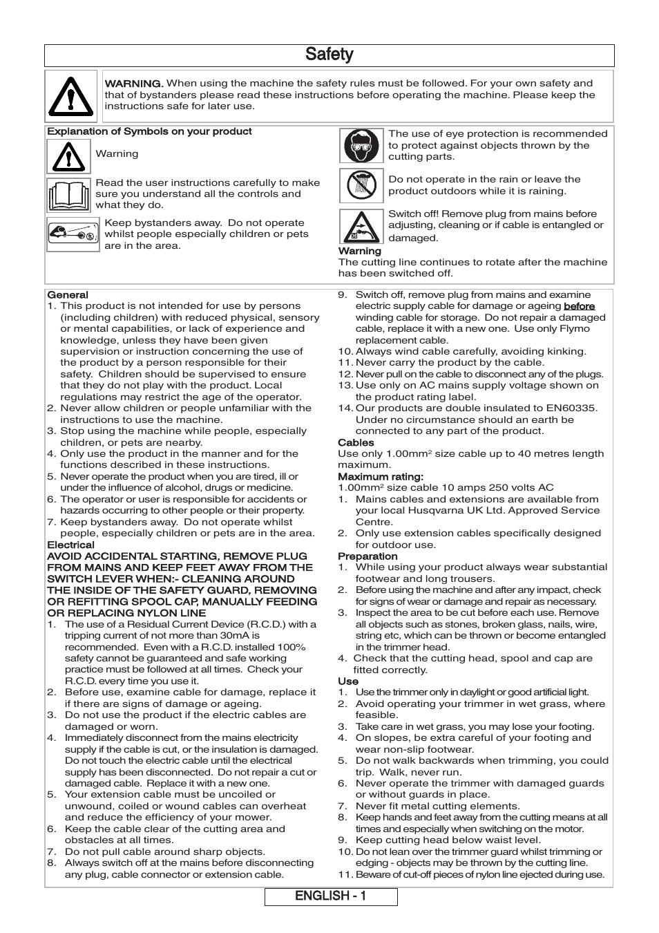 Safety, English - 1 | Flymo 600 HD User Manual | Page 8 / 80