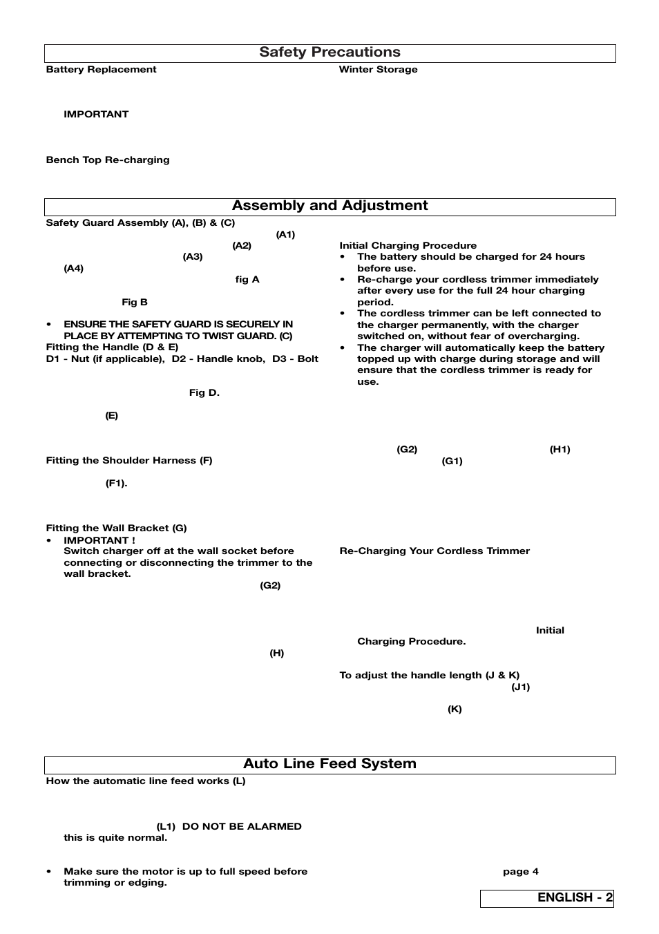 Safety precautions, Assembly and adjustment, Auto line feed system | English - 2 | Flymo Electrolux CT250X User Manual | Page 7 / 14