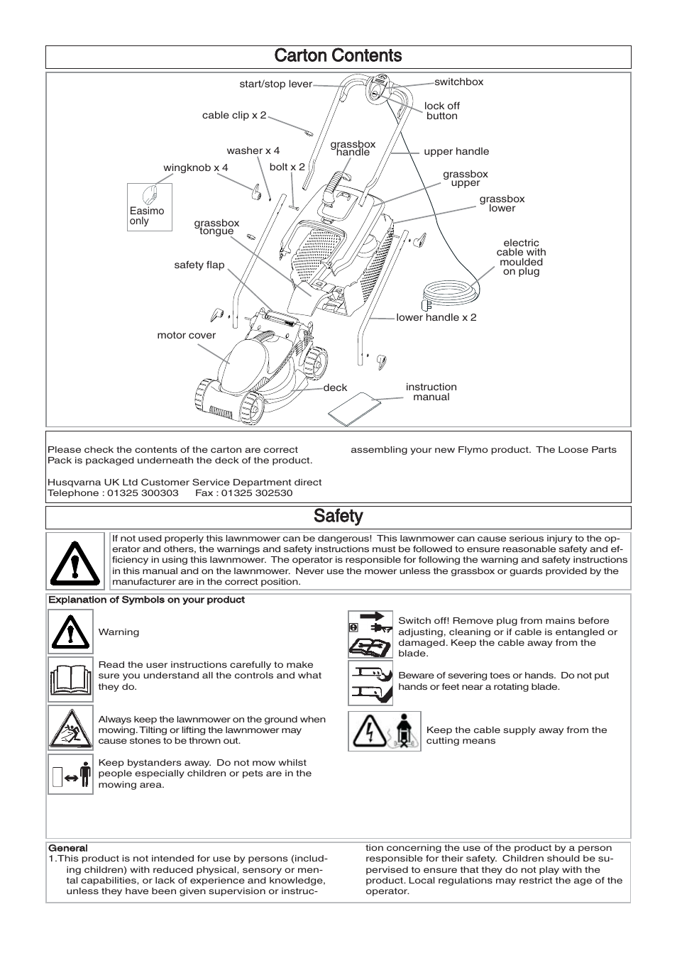 Carton contents, Safety | Flymo EM032 User Manual | Page 2 / 9