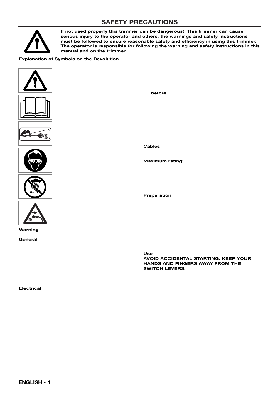 Safety precautions, English - 1 | Flymo Electrolux Revolution User Manual | Page 4 / 8