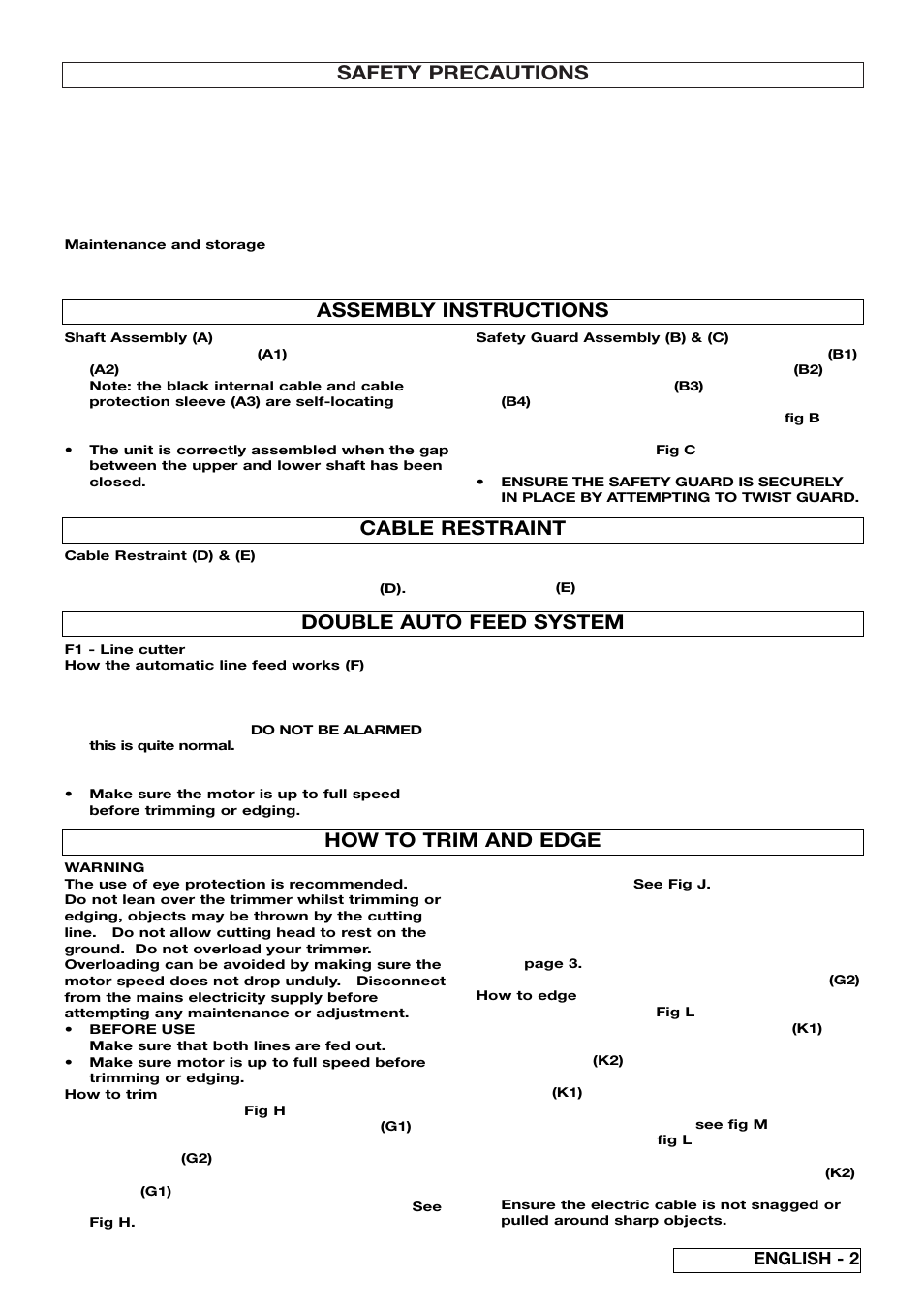 Safety precautions, Assembly instructions, Cable restraint | Double auto feed system, How to trim and edge, English - 2 | Flymo Electrolux Revolution User Manual | Page 5 / 8