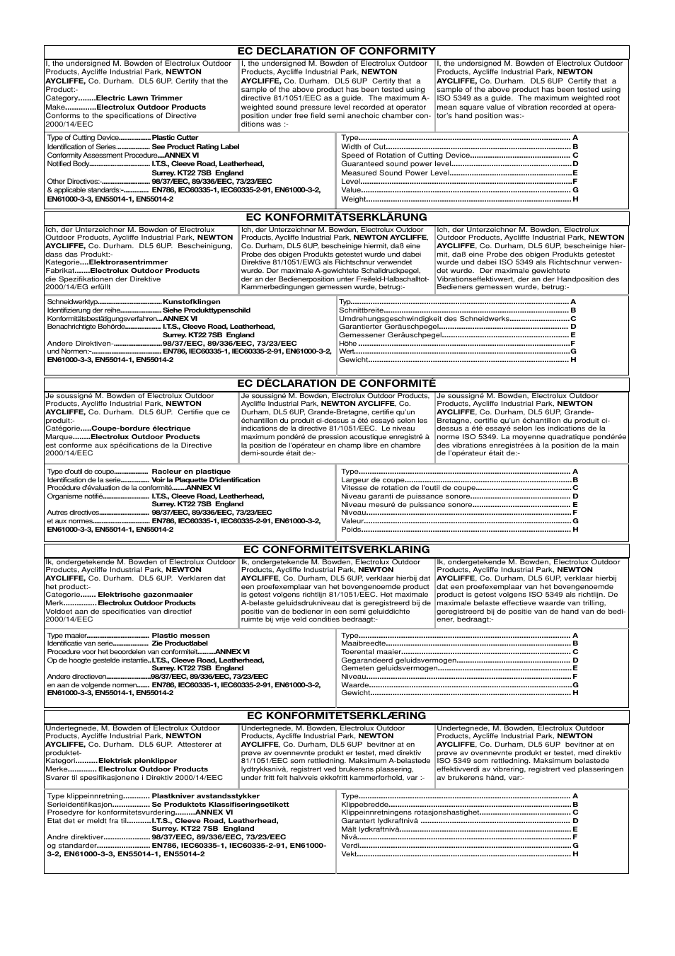 Ec declaration of conformity, Ec konformitätserklärung, Ec konformitetserklæring | Flymo Minimo Electric Lawn Mower User Manual | Page 5 / 9