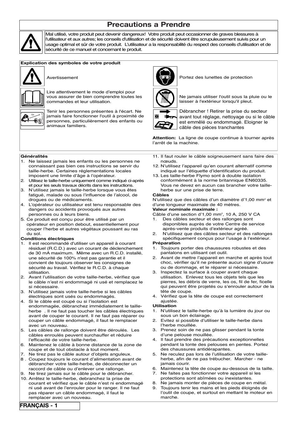 Precautions a prendre, Français - 1 | Flymo Samurai 800/1000 User Manual | Page 10 / 52