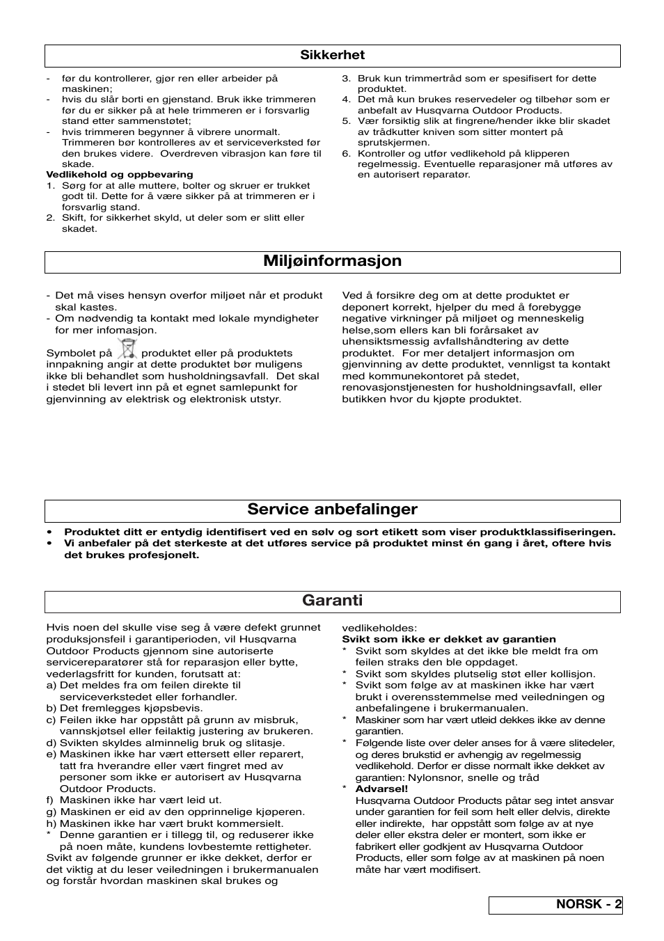 Garanti, Miljøinformasjon, Service anbefalinger | Norsk - 2 sikkerhet | Flymo Samurai 800/1000 User Manual | Page 15 / 52