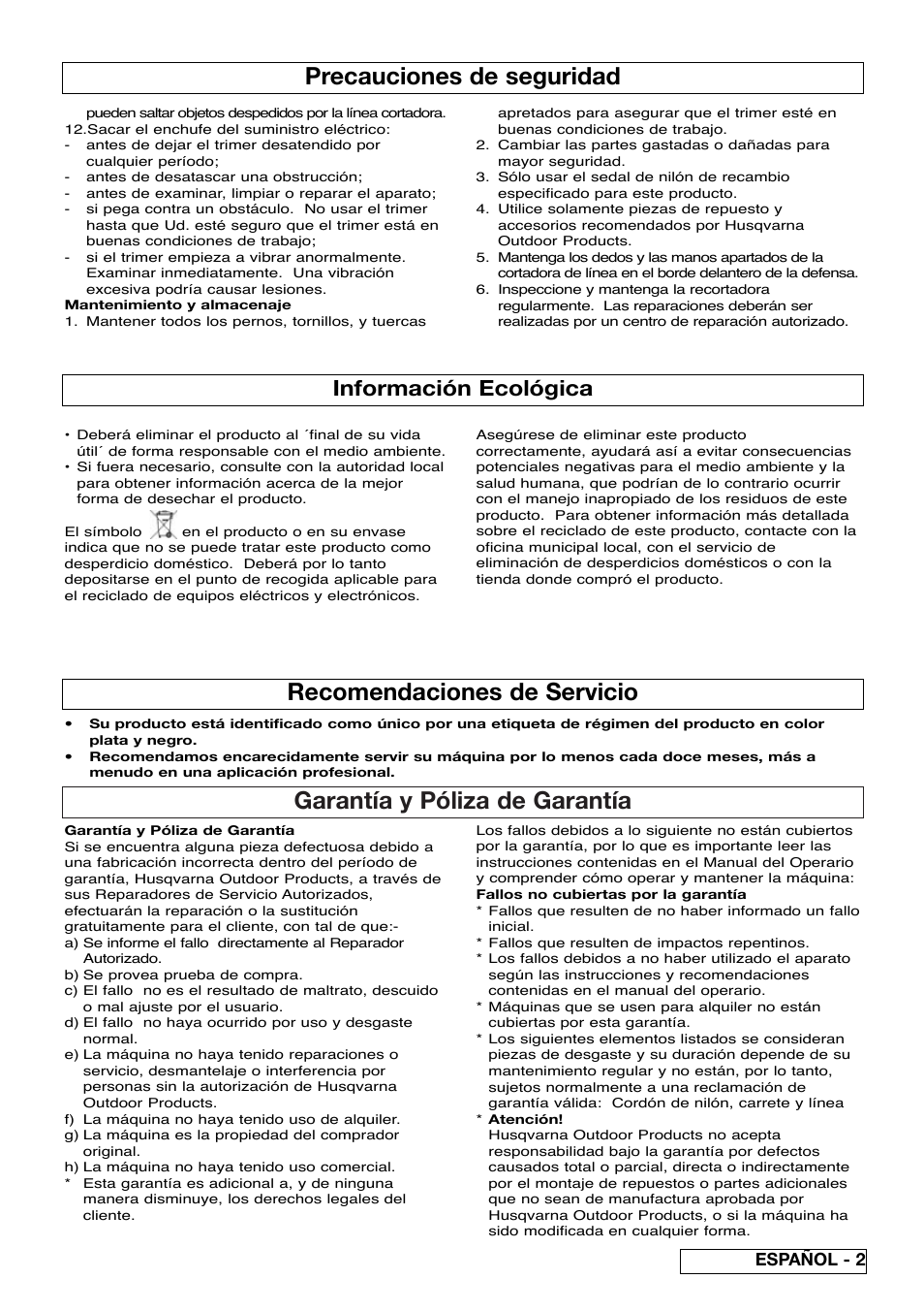 Garantía y póliza de garantía, Recomendaciones de servicio, Precauciones de seguridad | Información ecológica, Español - 2 | Flymo Samurai 800/1000 User Manual | Page 23 / 52