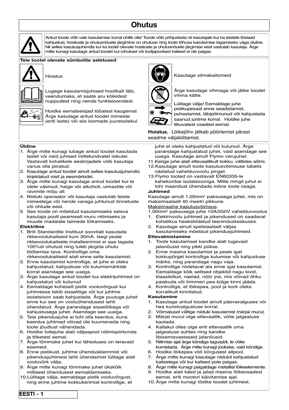 Ohutus, Eesti - 1 | Flymo Samurai 800/1000 User Manual | Page 42 / 52