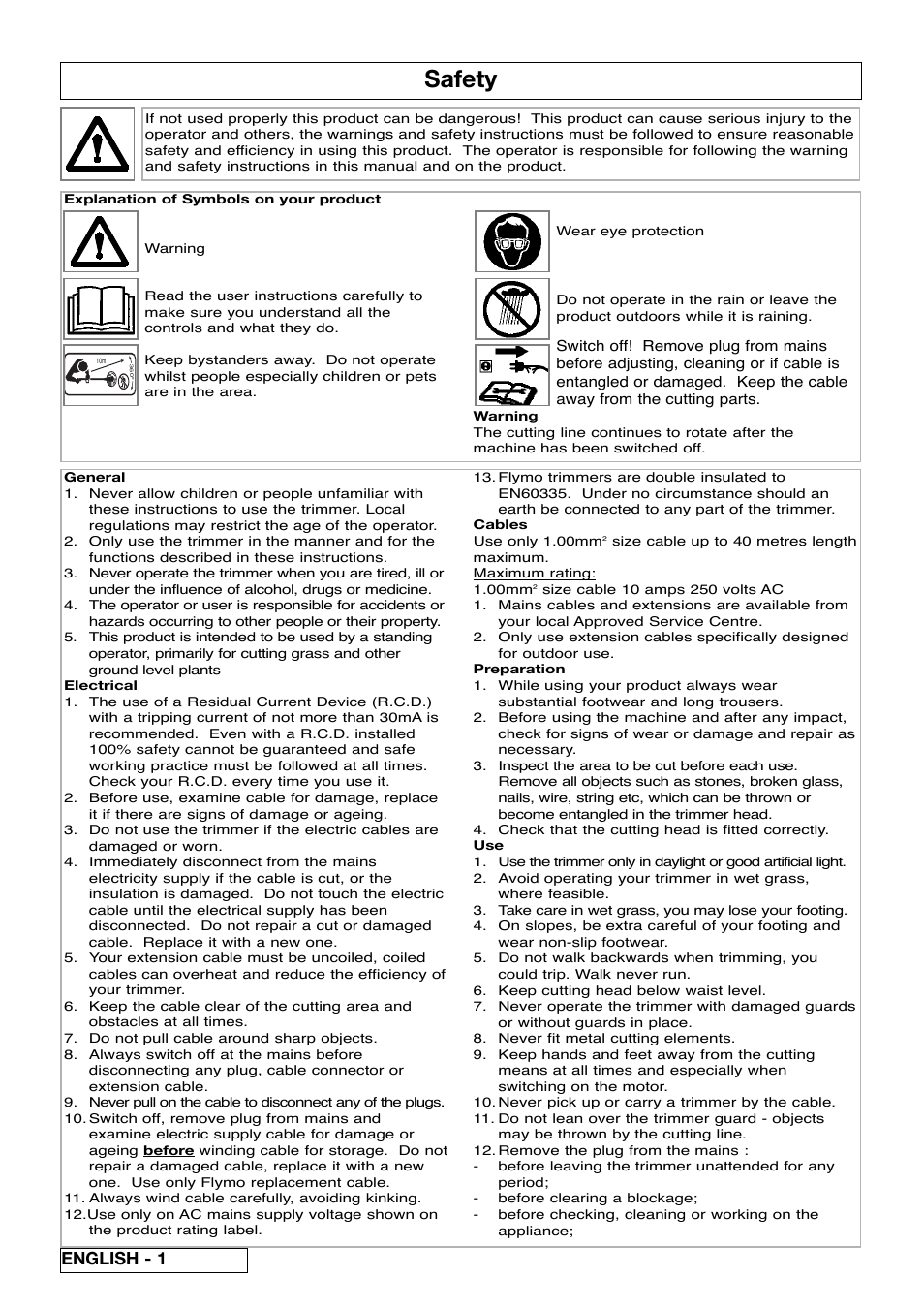 Safety, English - 1 | Flymo Samurai 800/1000 User Manual | Page 6 / 52