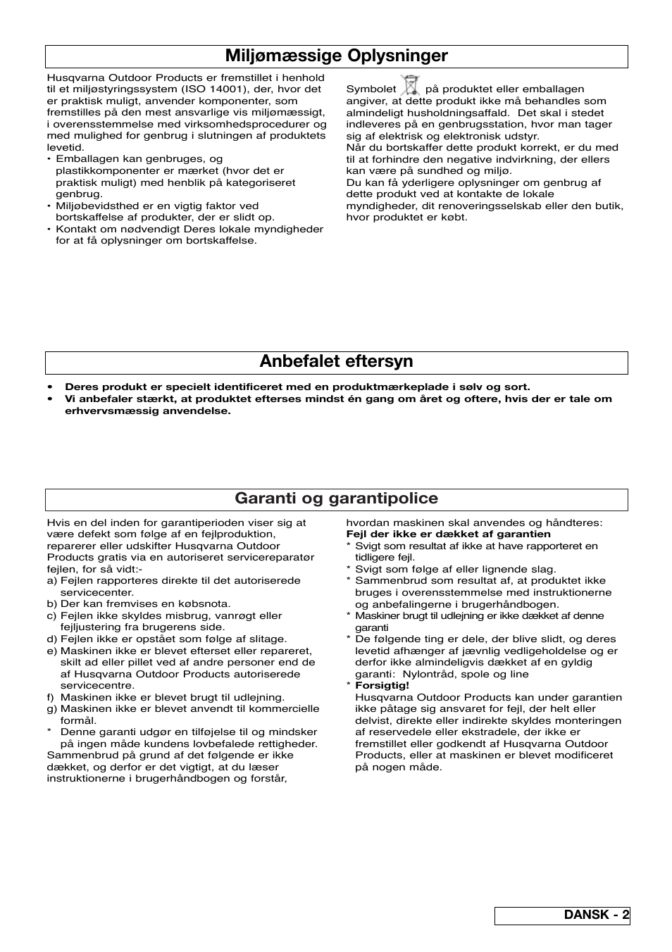 Miljømæssige oplysninger, Anbefalet eftersyn, Garanti og garantipolice | Dansk - 2 | Flymo Sabre Trim User Manual | Page 19 / 40