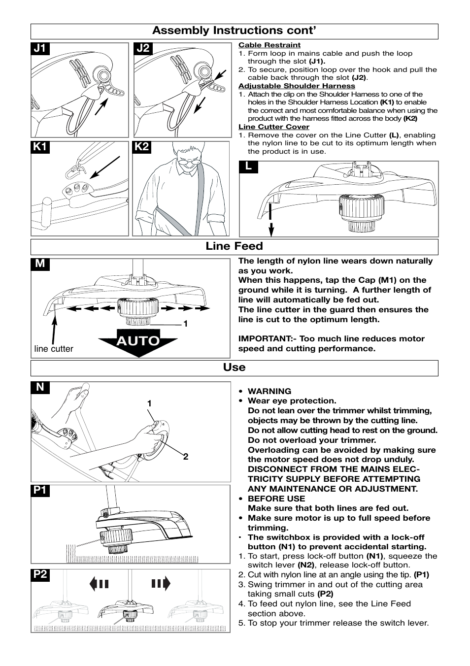 Assembly instructions cont, Line feed, Auto | J1 j2 assembly instructions cont’ line feed, Np2 use, P1 k1, K2 l | Flymo SAMURAI 1000XT User Manual | Page 5 / 9