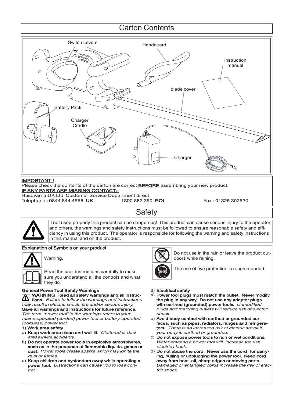 Carton contents, Safety | Flymo EASICUT 500CT User Manual | Page 2 / 8