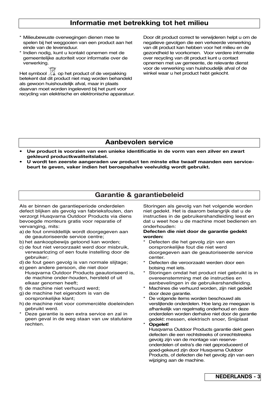 Garantie & garantiebeleid, Informatie met betrekking tot het milieu, Aanbevolen service | Flymo Pac a Shredder User Manual | Page 17 / 72