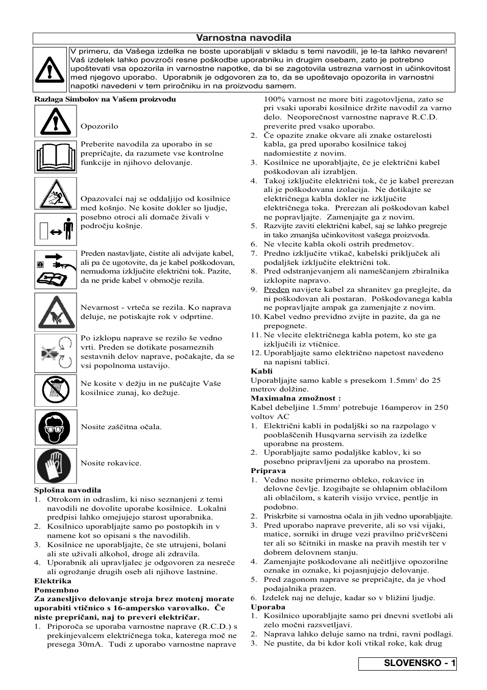 Varnostna navodila, Slovensko - 1 | Flymo Pac a Shredder User Manual | Page 51 / 72