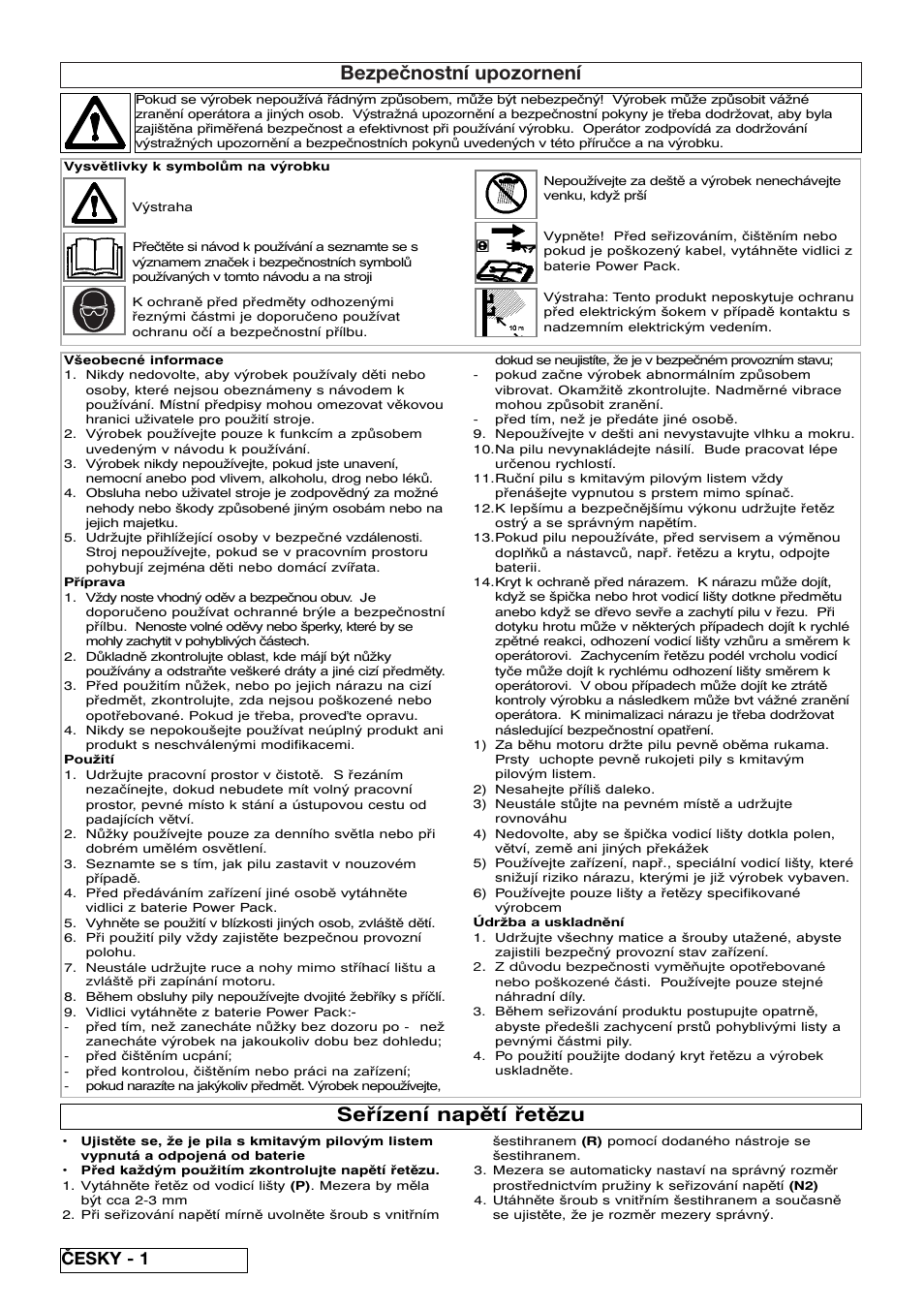 Bezpečnostní upozornení, Seřízení napětí řetězu, Česky - 1 | Flymo Sabre Saw User Manual | Page 32 / 40