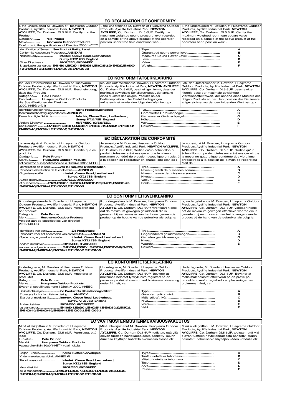 Ec vaatimustenmustenmukaisuusvakuutus, Ec declaration of conformity, Ec konformitetserklæring | Flymo Sabre Saw User Manual | Page 38 / 40