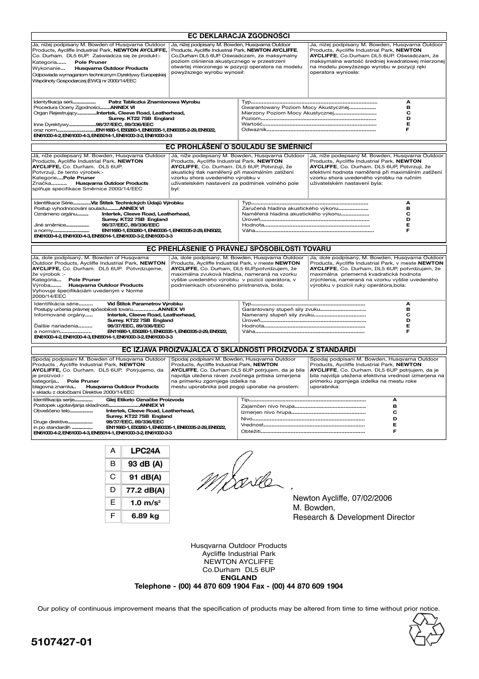 Lpc24a, 93 db (a), 89 kg | Flymo Sabre Saw User Manual | Page 40 / 40