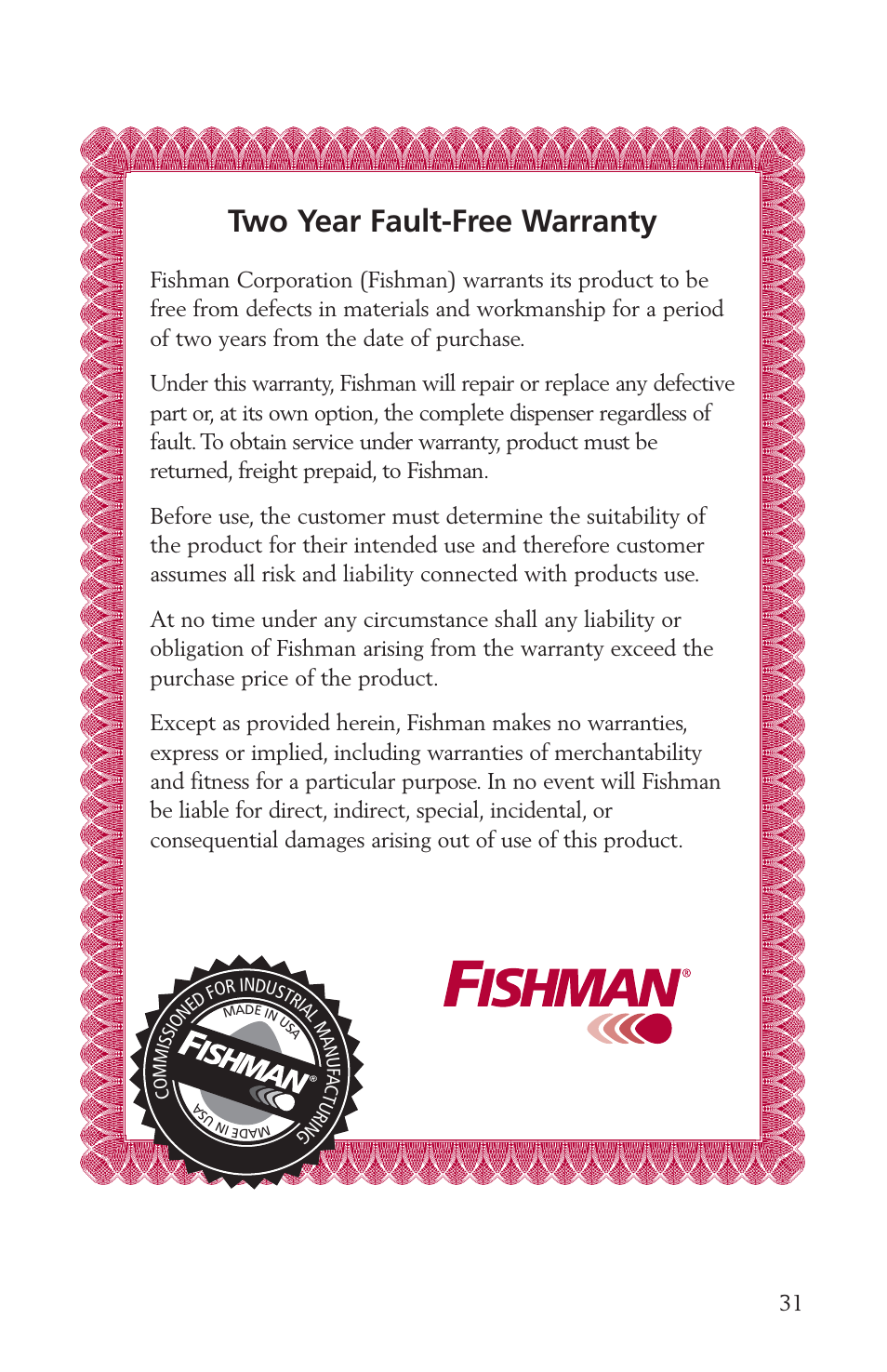 Warranty, Two year fault-free warranty | Fishman AIRFREE LDS9000 User Manual | Page 31 / 32