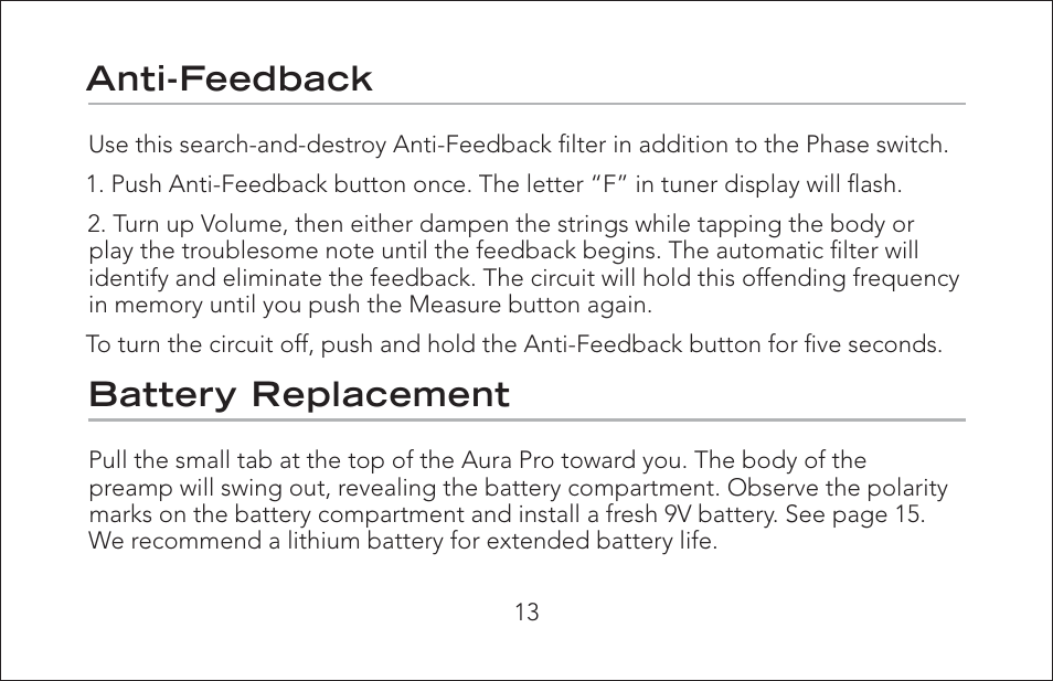 Anti-feedback, Battery replacement | Fishman Aura Pro User Manual | Page 13 / 18