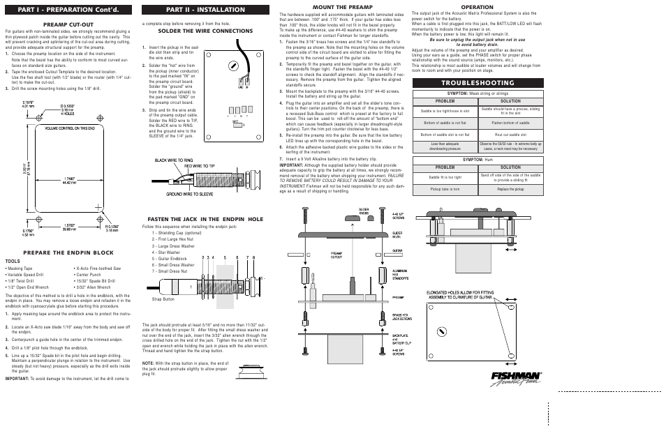 Part i - preparation cont’d, Troubleshooting part ii - installation, Solder the wire connections | Fasten the jack in the endpin hole, Mount the preamp, Operation, Preamp cut-out, Prepare the endpin block | Fishman Music Pedal User Manual | Page 2 / 2