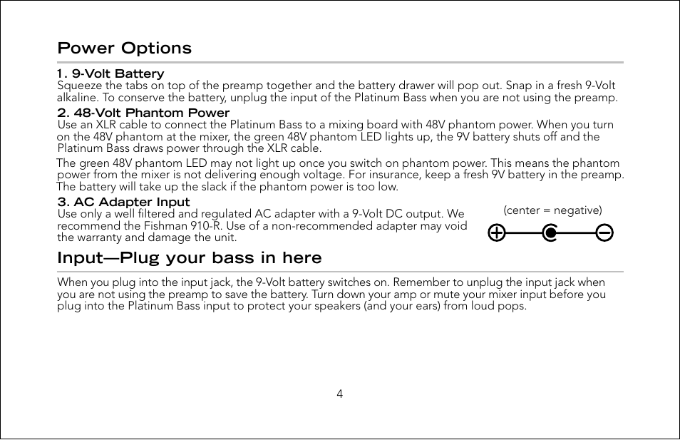 Power options, Input—plug your bass in here | Fishman Pro-Eq User Manual | Page 4 / 16