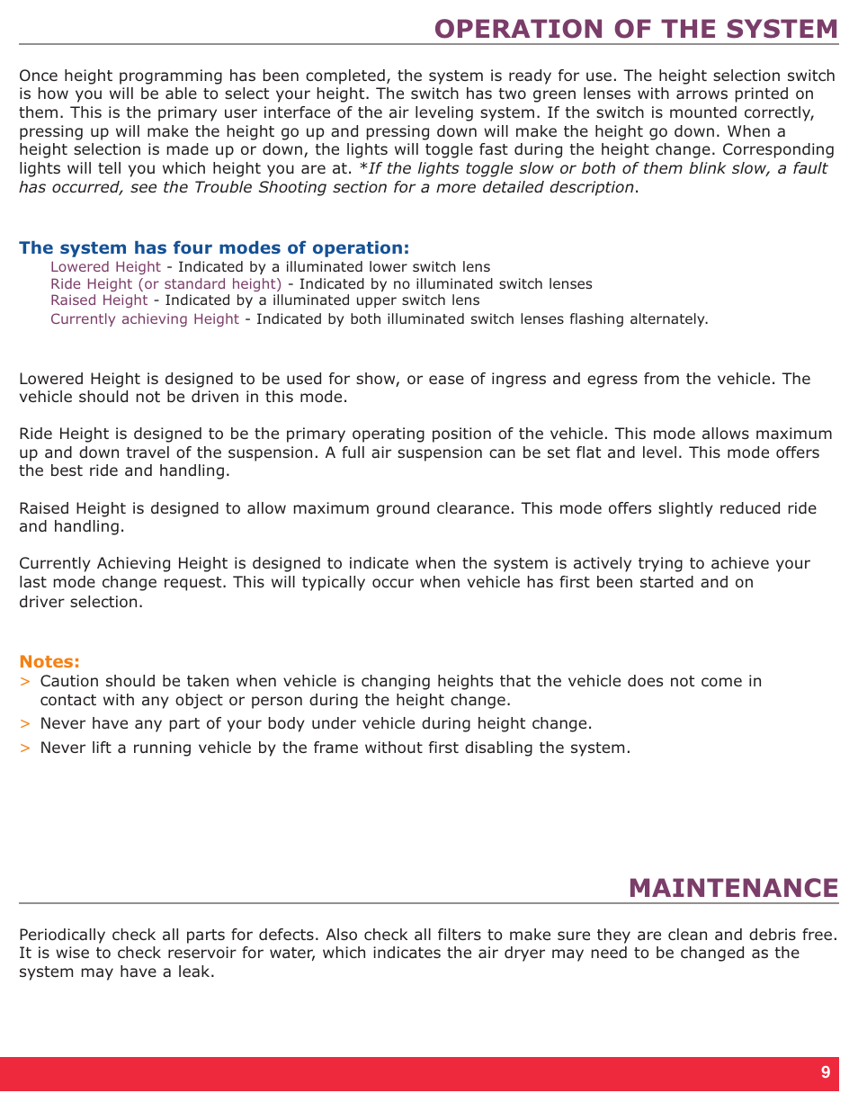 Operation of the system, Maintenance | Firestone Intelli Ride 2230 User Manual | Page 13 / 20