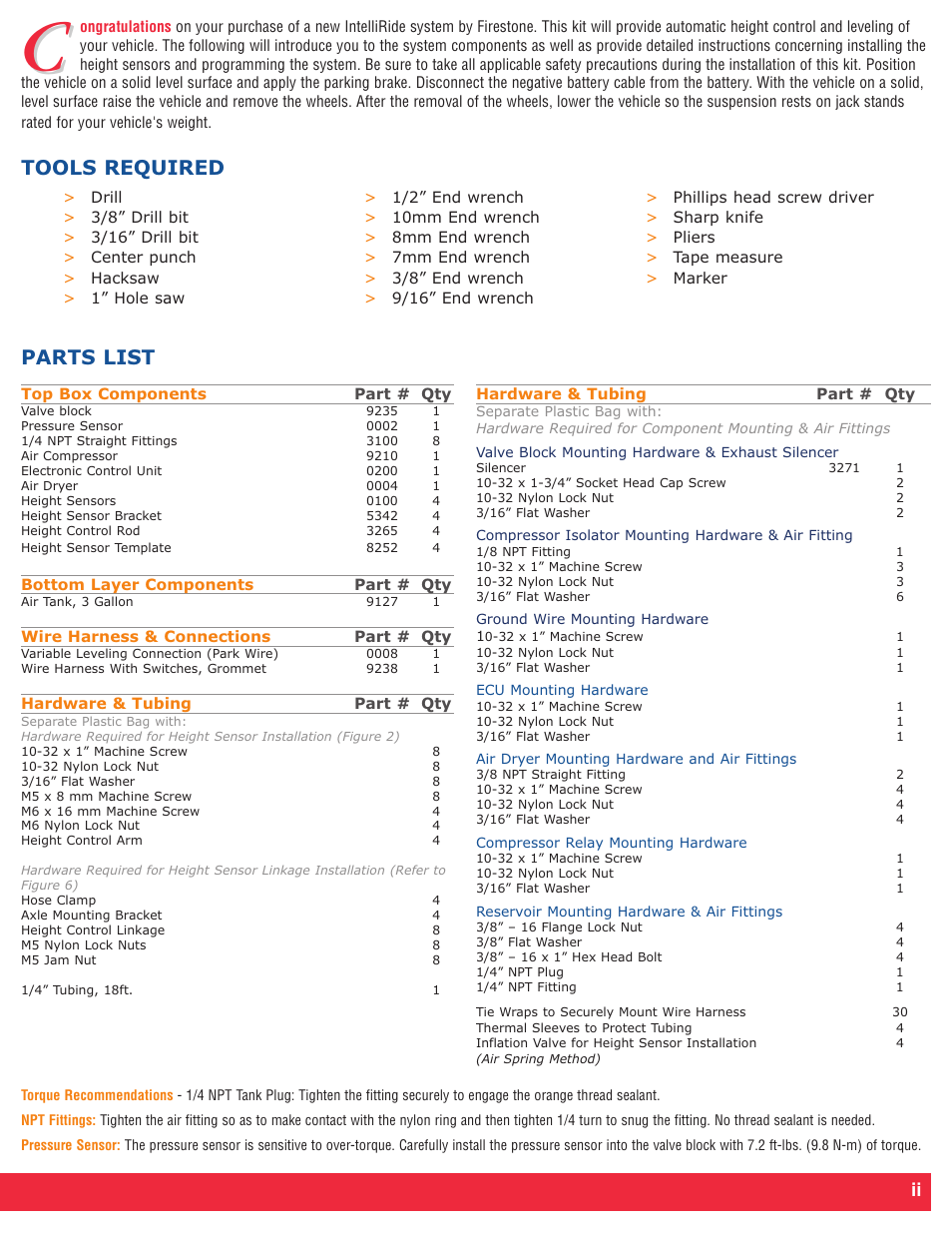 Tools required, Parts list | Firestone Intelli Ride 2230 User Manual | Page 3 / 20