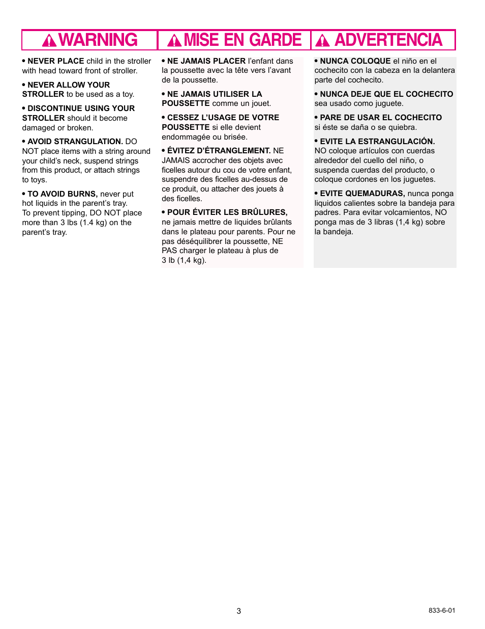 Warning advertencia mise en garde | Graco 6937 User Manual | Page 3 / 17