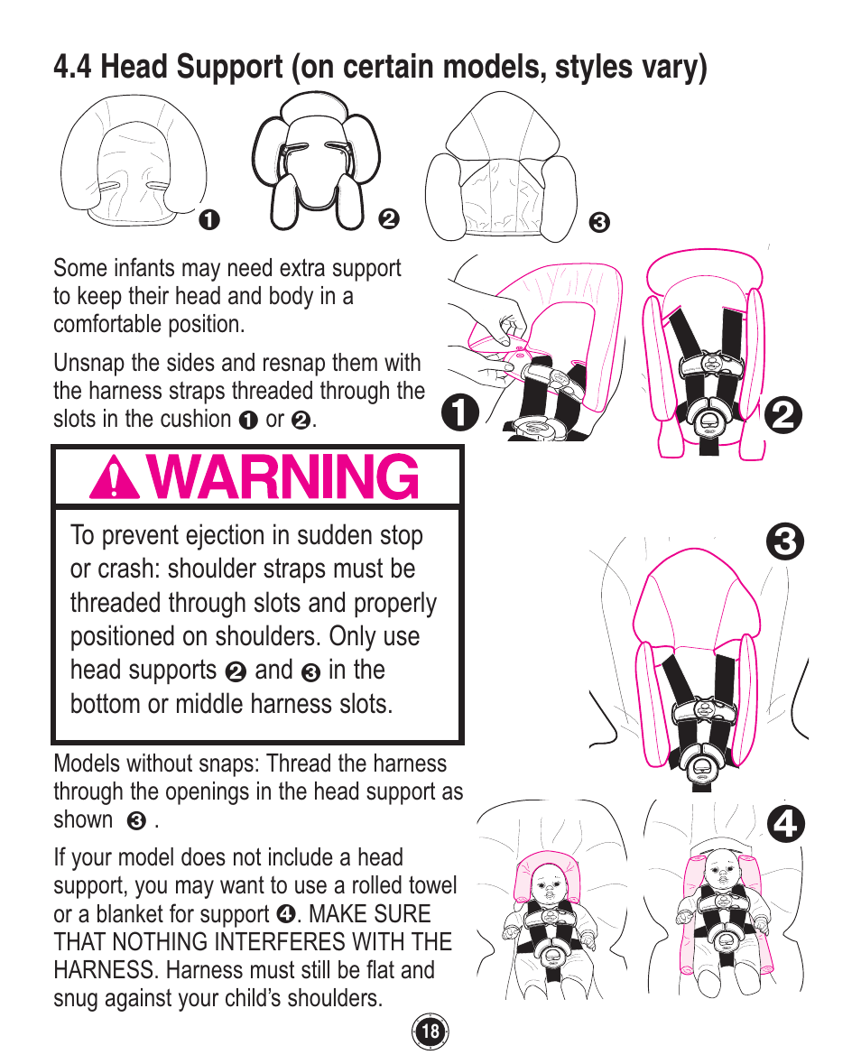 4 head support (on certain models, styles vary) | Graco SnugRide 1760658 User Manual | Page 18 / 88