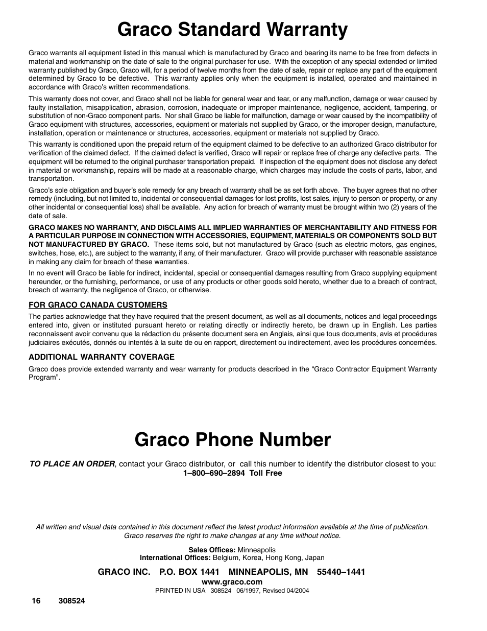 Graco standard warranty, Graco phone number | Graco 2900 psi User Manual | Page 16 / 16