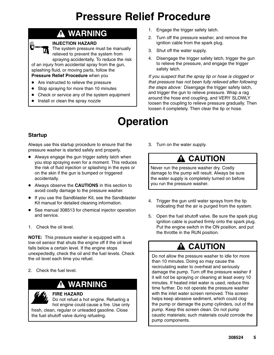 Pressure relief procedure, Operation, Warning | Caution | Graco 2900 psi User Manual | Page 5 / 16