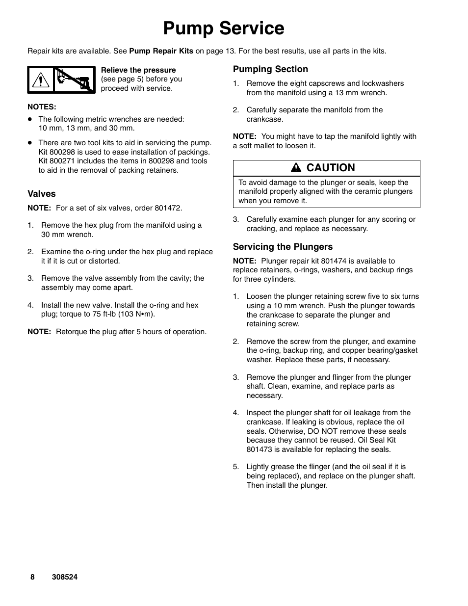 Pump service, Caution | Graco 2900 psi User Manual | Page 8 / 16