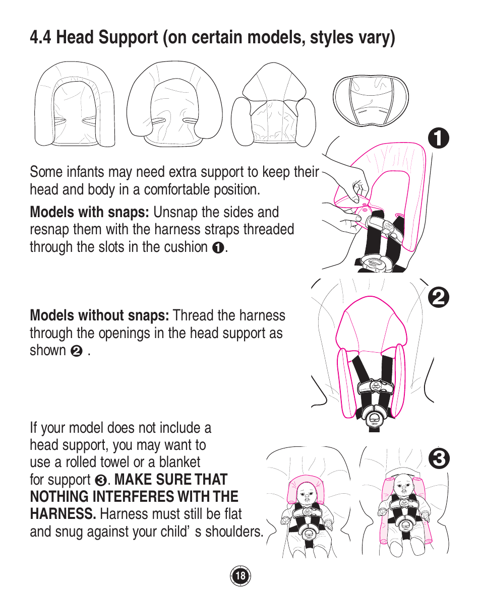 4 head support (on certain models, styles vary) | Graco Quattro Tour 1749531 User Manual | Page 58 / 128