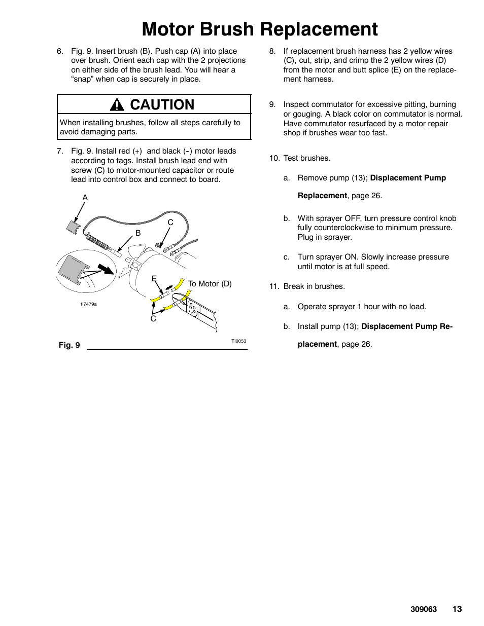 Motor brush replacement, Caution | Graco 190ES 309063F User Manual | Page 13 / 28