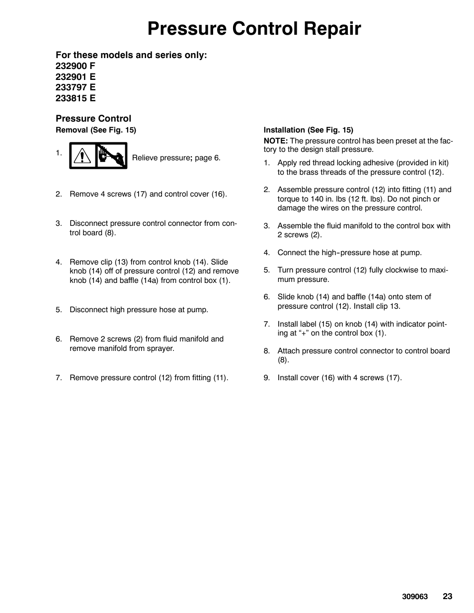Pressure control repair | Graco 190ES 309063F User Manual | Page 23 / 28