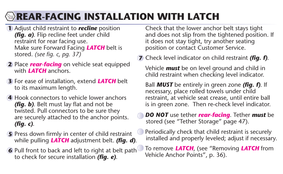 Rear-facing installation with latch | Graco 65 User Manual | Page 16 / 104