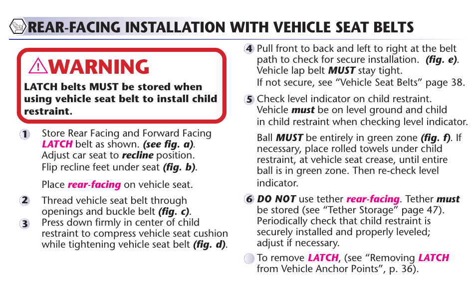 Warning, Rear-facing installation with vehicle seat belts | Graco 65 User Manual | Page 20 / 104