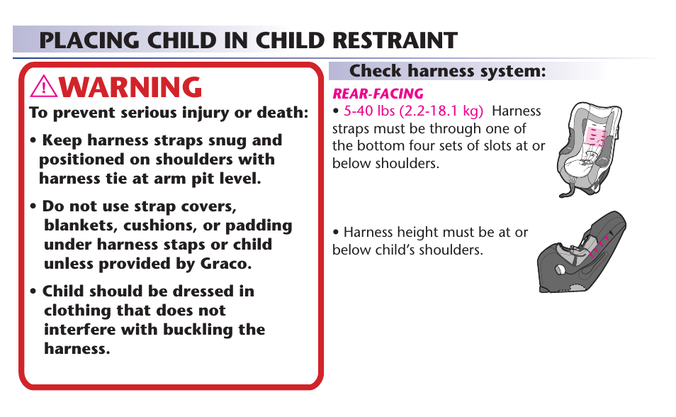 Warning, Placing child in child restraint | Graco 65 User Manual | Page 24 / 104