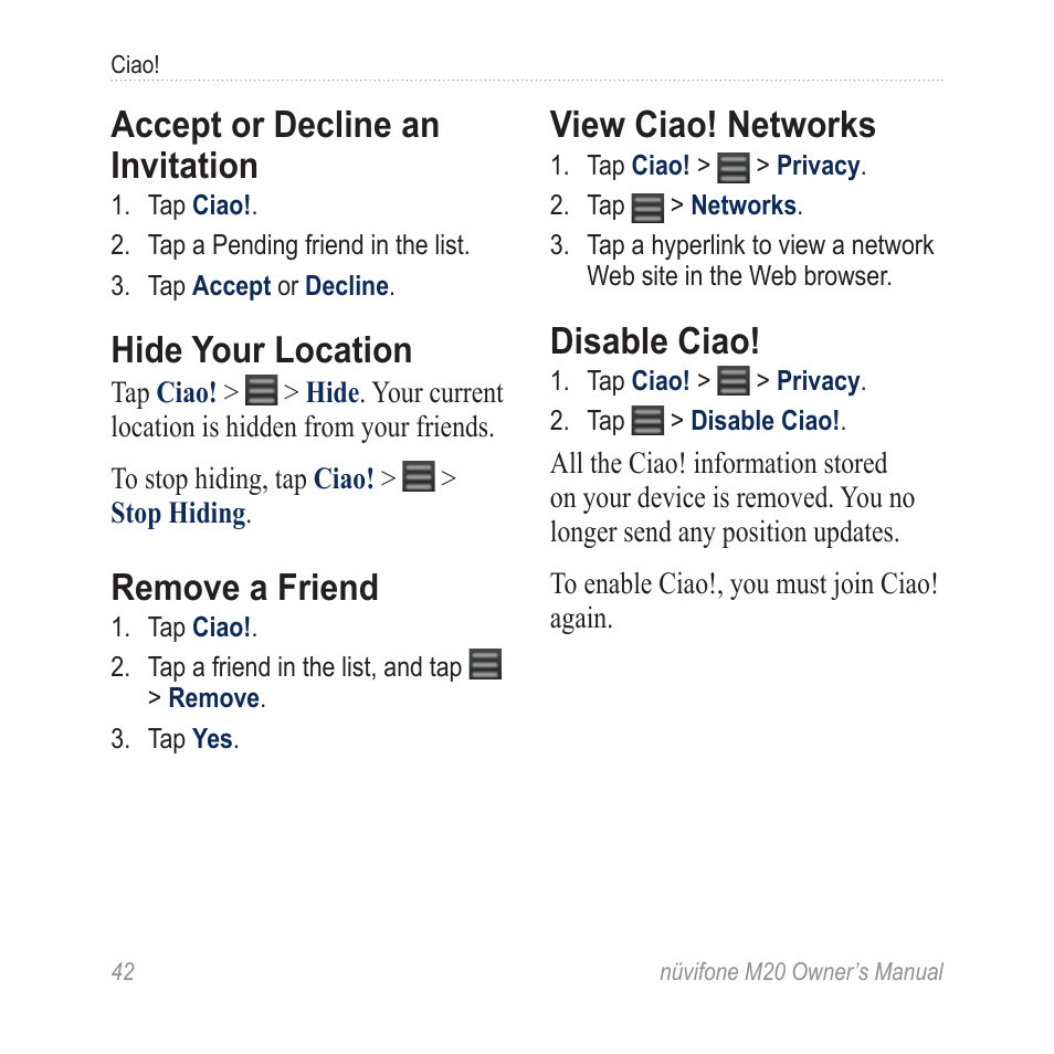 Accept or decline an invitation, Hide your location, Remove a friend | View ciao! networks, Disable ciao | Graco NuviFone m20 User Manual | Page 50 / 114
