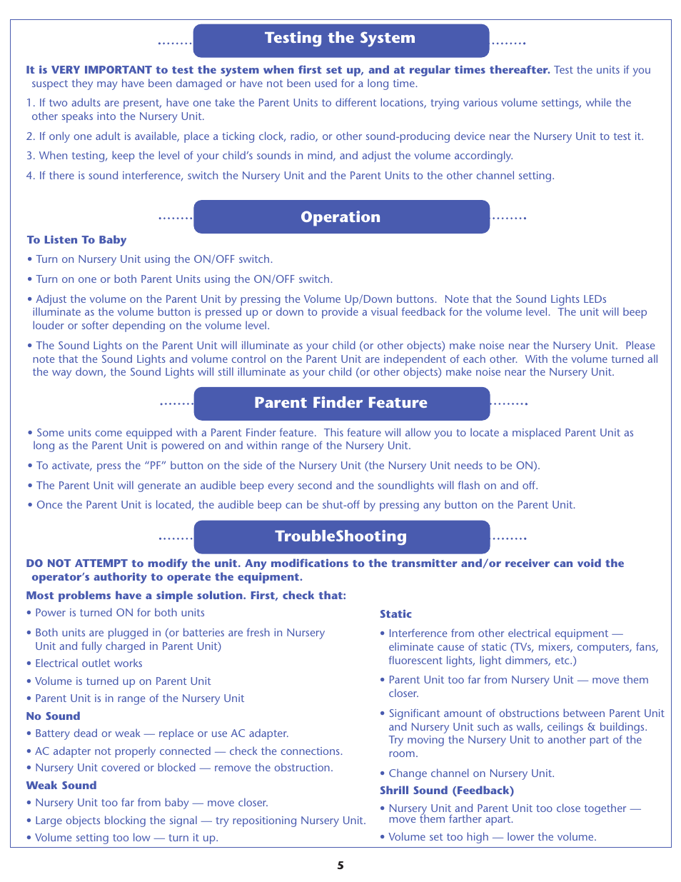 Testing the system operation, Parent finder feature troubleshooting | Graco IMONITOR 2791 User Manual | Page 5 / 12