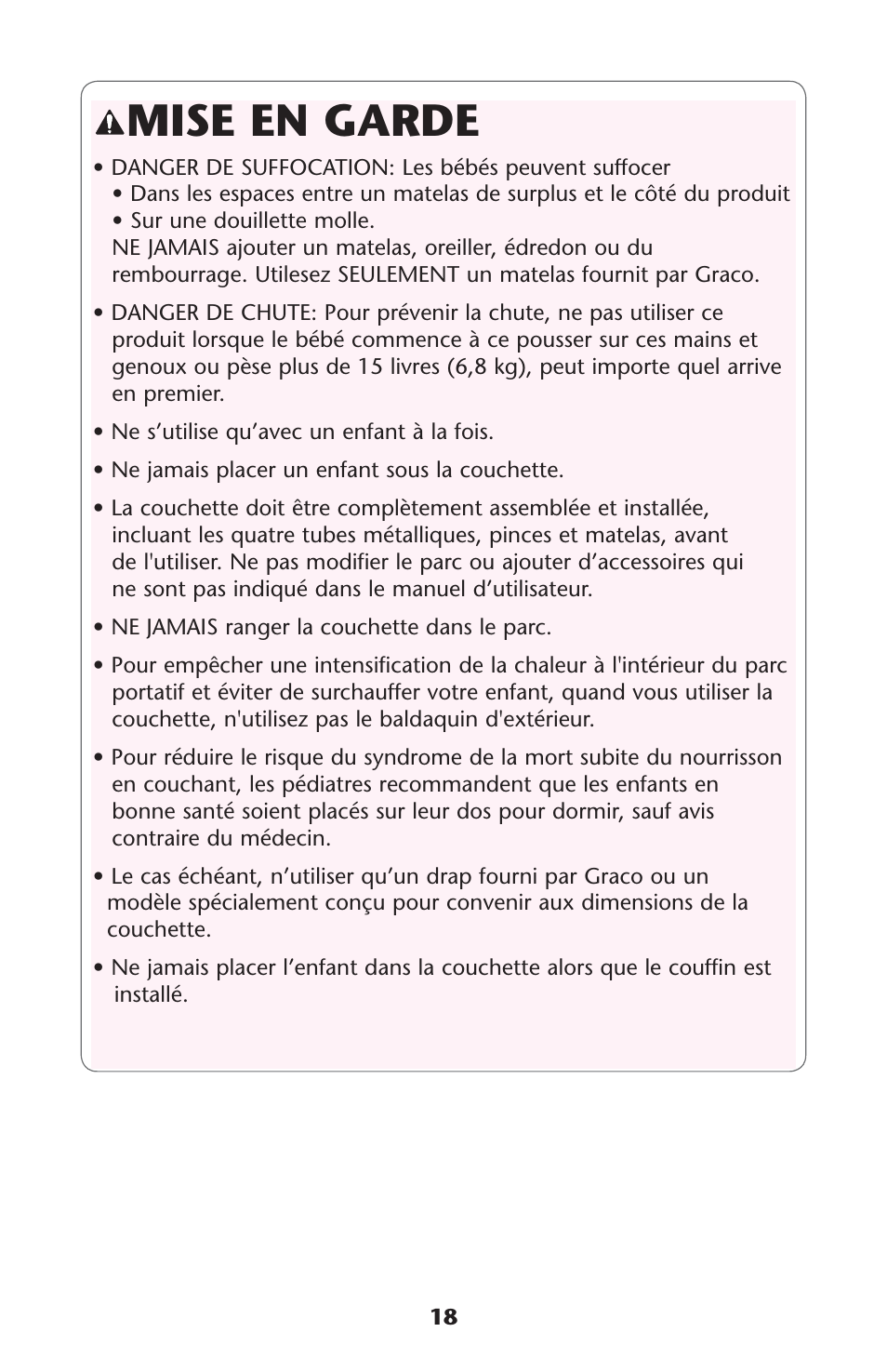 Mise en garde | Graco Pack 'n Play ISPP120AD User Manual | Page 18 / 40