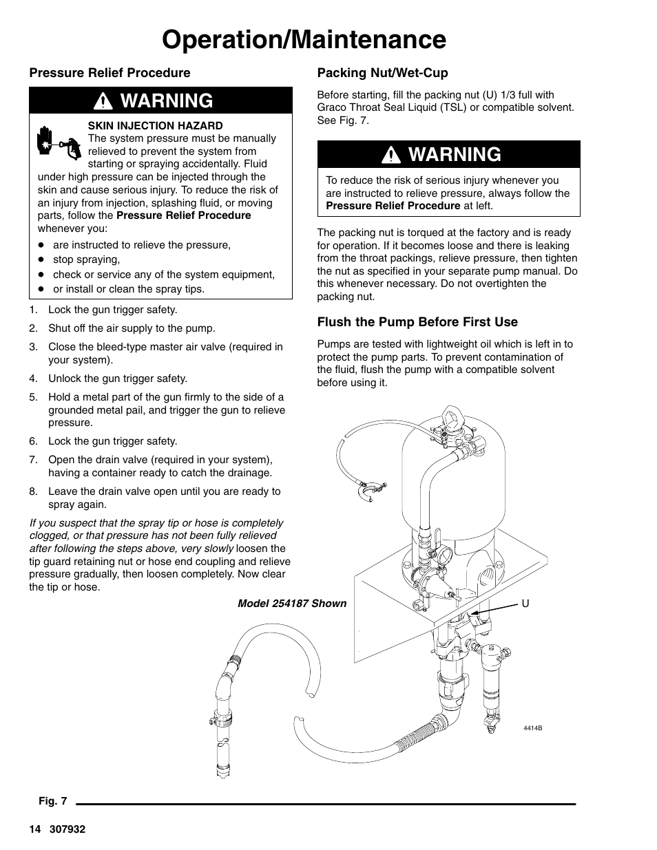 Operation/maintenance, Warning | Graco Bulldog 245187 User Manual | Page 14 / 22